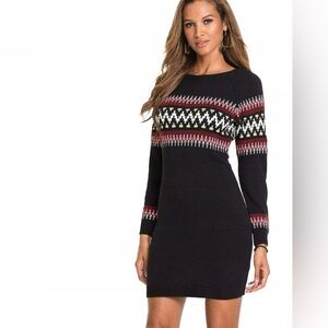 VENUS Black Long-Sleeve Sweater Dress with Red and White Fair Isle Band